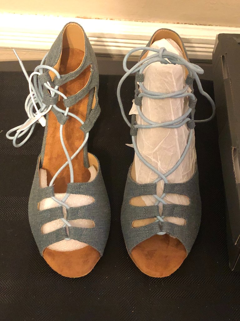 Danceandsway Denim Blue Lace Up Open Toe Dance Heels Shoes Sz 11 Eu 43 — image 2 of 7
